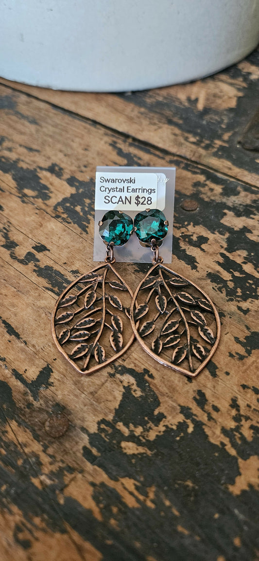 Anytime Crystals 12mm Forest Green & Leaves Earrings