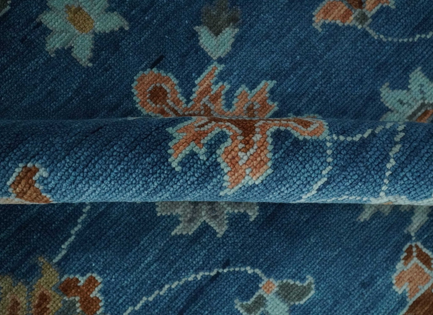 Blue, Rust and Aqua Hand Knotted Floral Multi Size Oushak Wool Area Rug