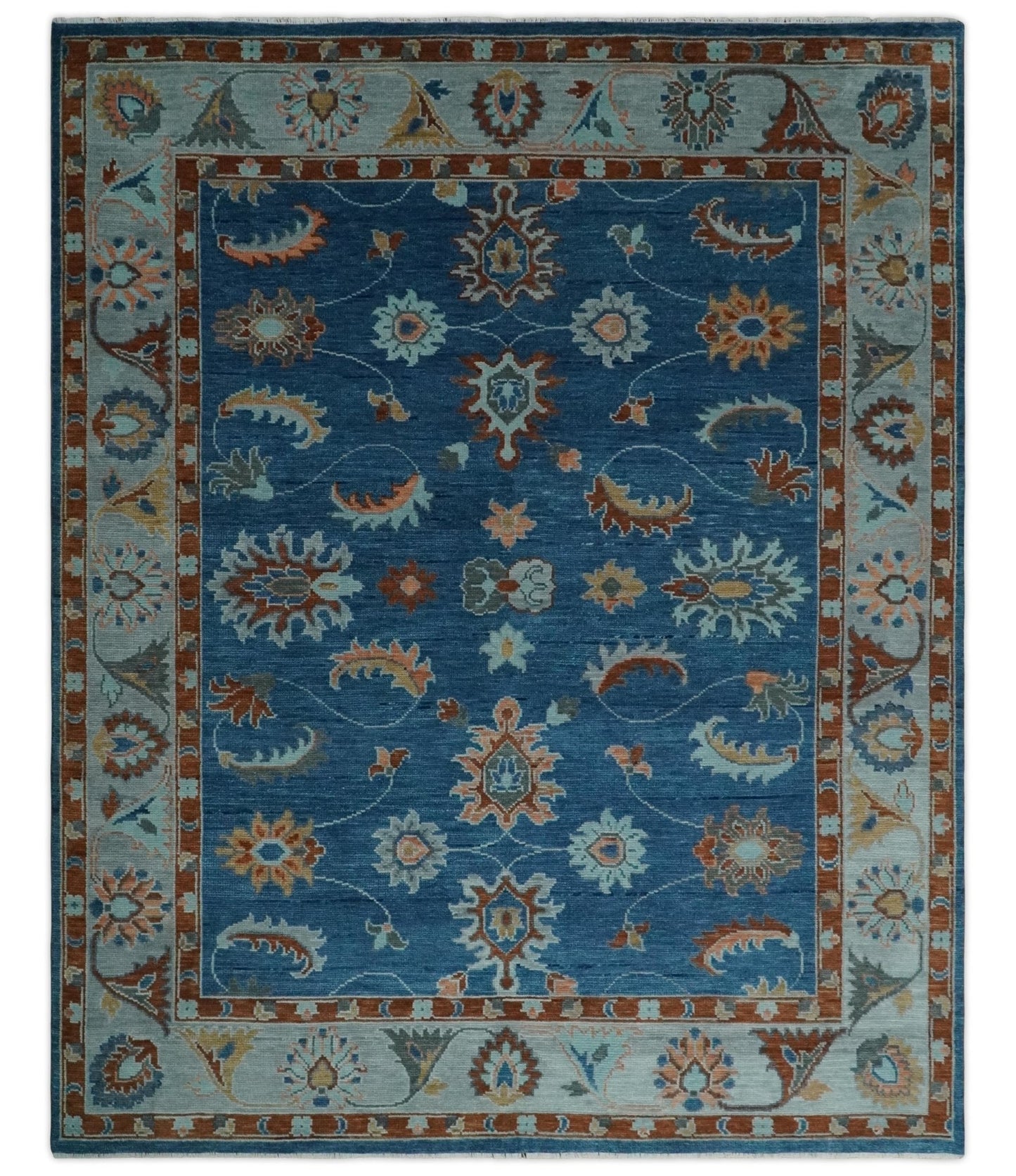 Blue, Rust and Aqua Hand Knotted Floral Multi Size Oushak Wool Area Rug