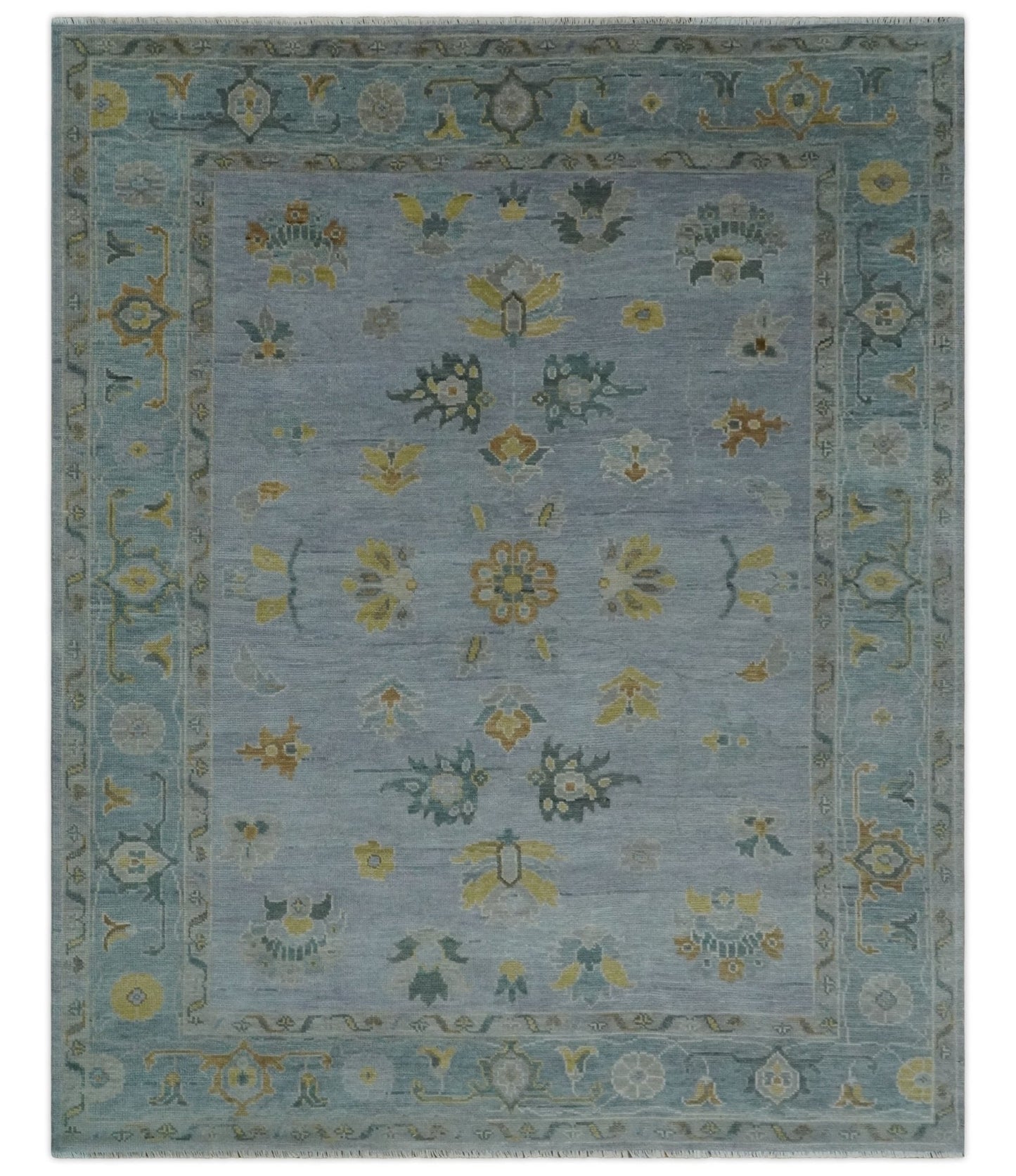 Multi Size Charcoal, Aqua and Silver Hand Knotted Oushak Wool Area Rug
