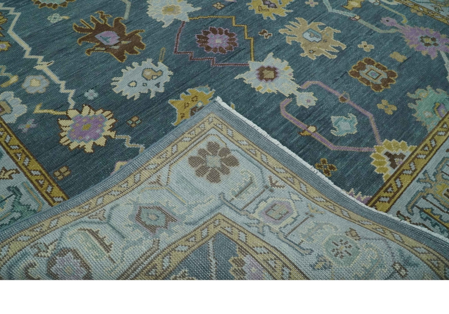 Hand Knotted Blue and Silver Vibrant colorful Oushak Wool Area Rug