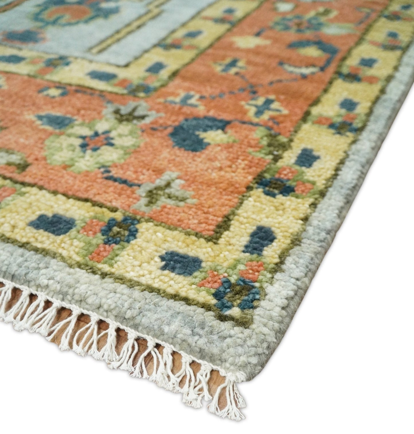 Hand Knotted Rust and Blue Traditional Turkish Vintage Multi Size Wool Rug