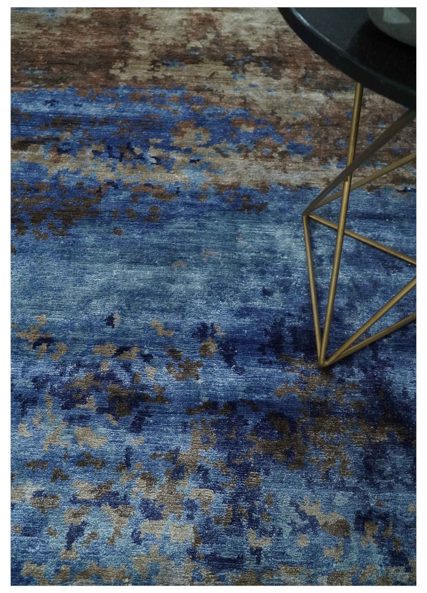 8x10 Blue, Beige and Brown Modern Abstract Hand Knotted wool and bamboo Silk Area Rug
