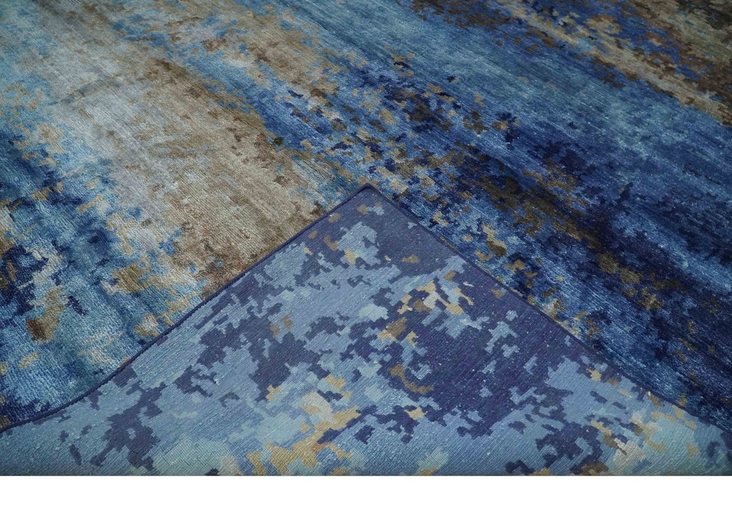 8x10 Blue, Beige and Brown Modern Abstract Hand Knotted wool and bamboo Silk Area Rug
