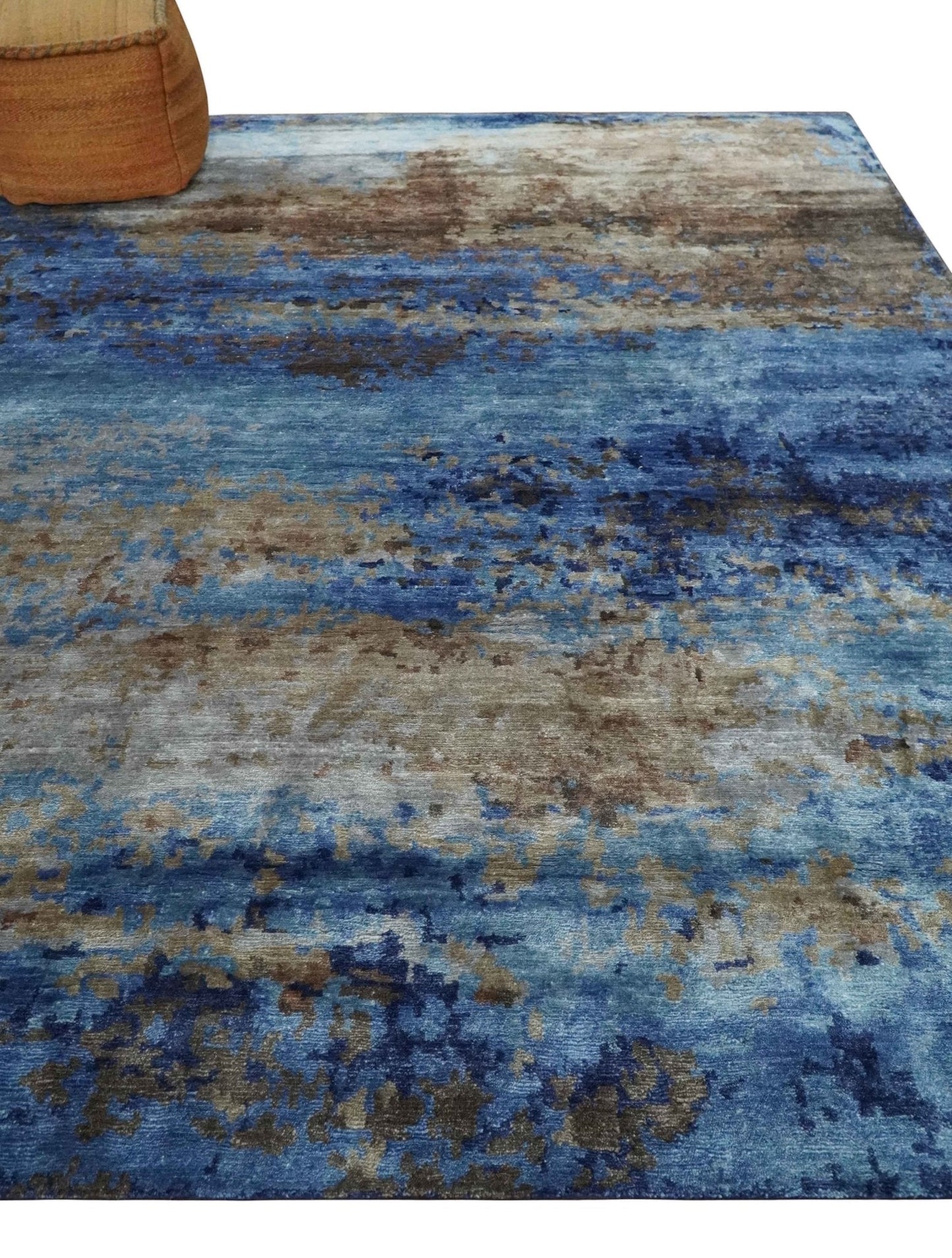 8x10 Blue, Beige and Brown Modern Abstract Hand Knotted wool and bamboo Silk Area Rug