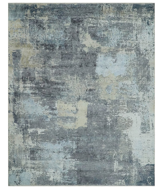 8x10 Charcoal, Beige and Gray Modern Abstract Distressed Finish High Low texture Hand Knotted Rug
