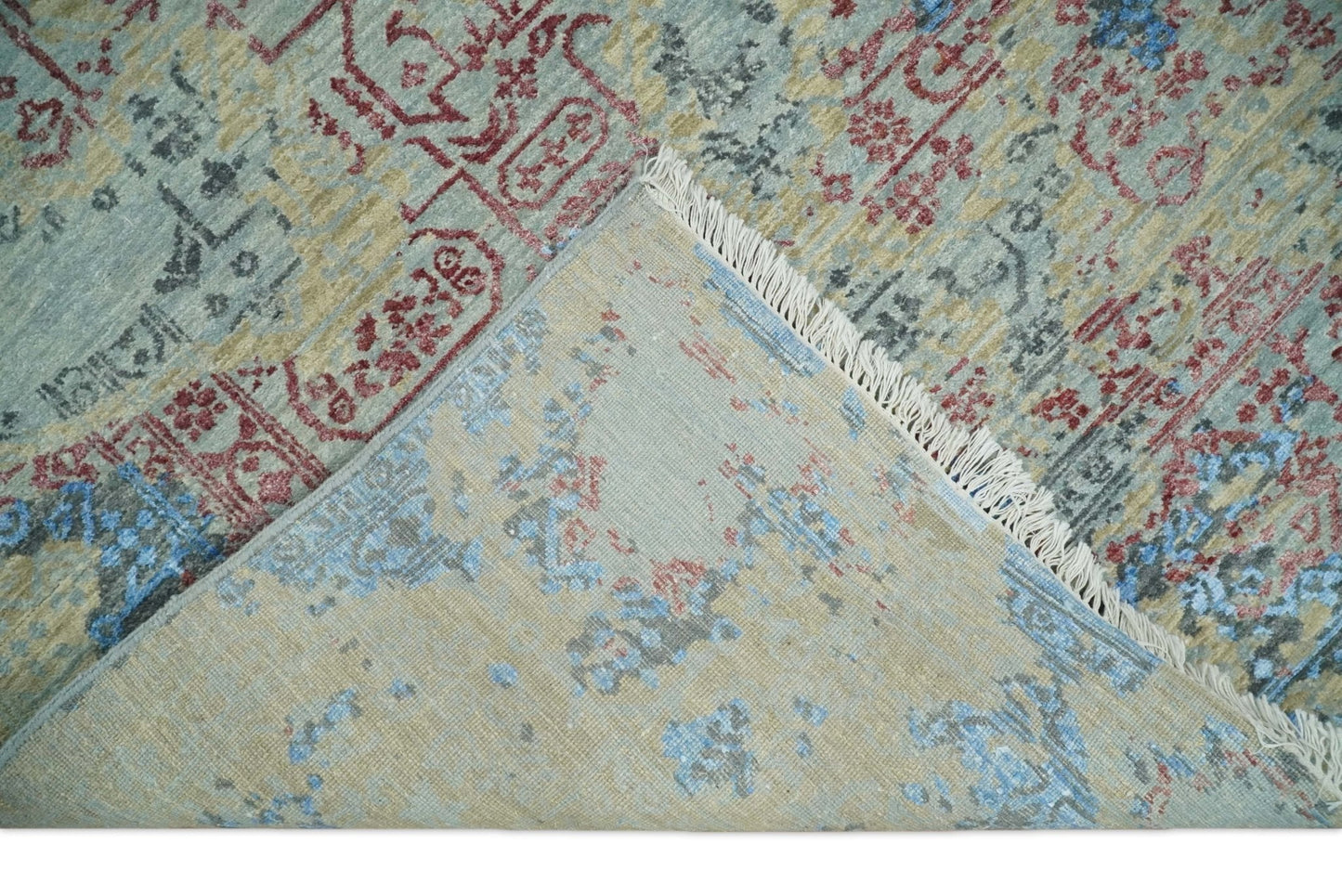 8x10 Fine Hand Knotted Beige and Blue Modern Abstract Style Antique Wool and Silk Area Rug | AGR37