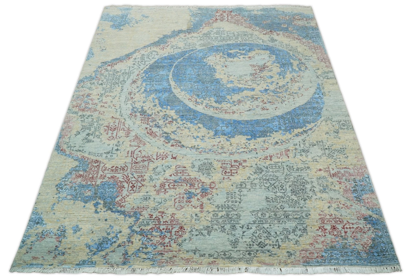 8x10 Fine Hand Knotted Beige and Blue Modern Abstract Style Antique Wool and Silk Area Rug | AGR37