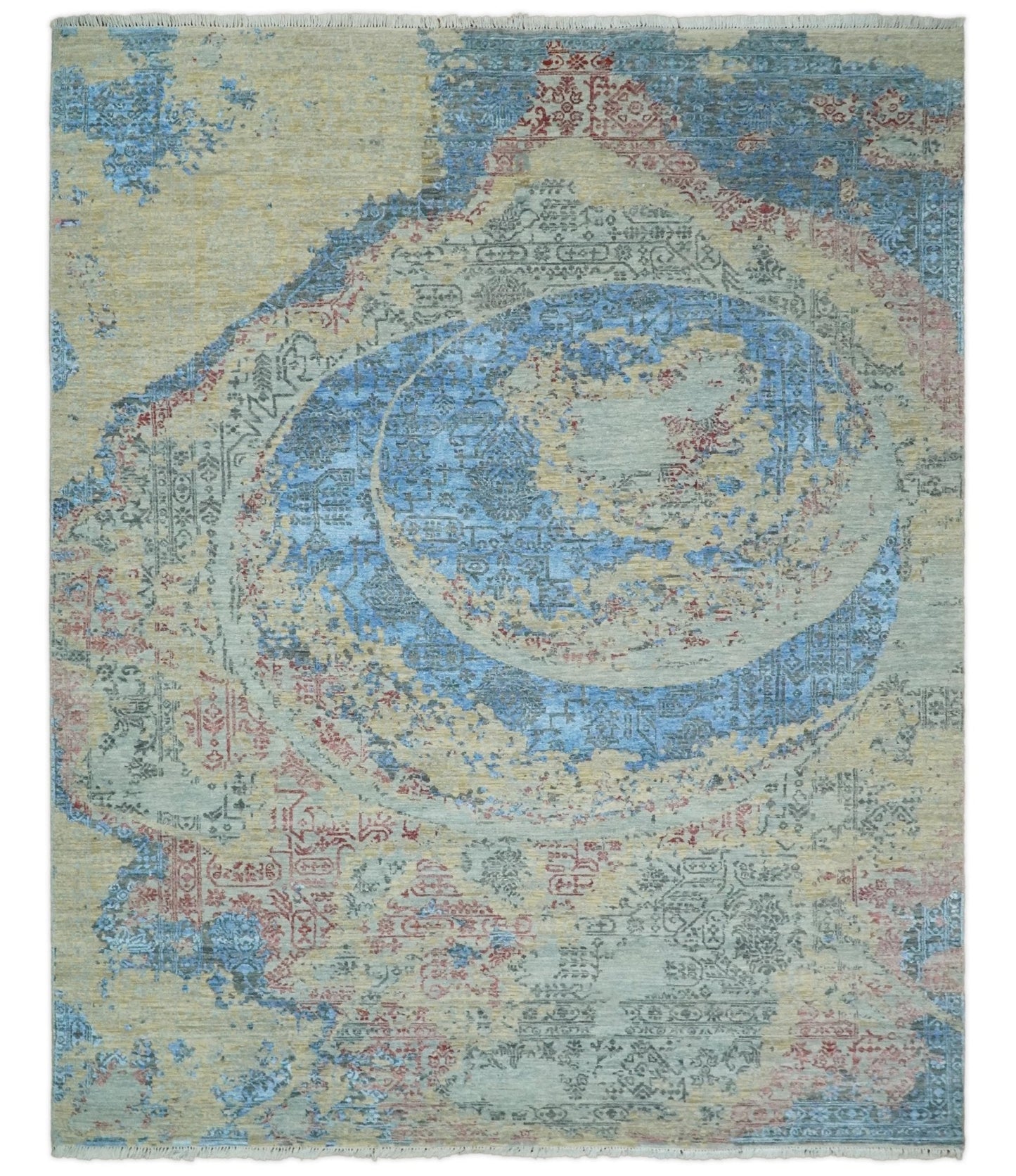 8x10 Fine Hand Knotted Beige and Blue Modern Abstract Style Antique Wool and Silk Area Rug | AGR37