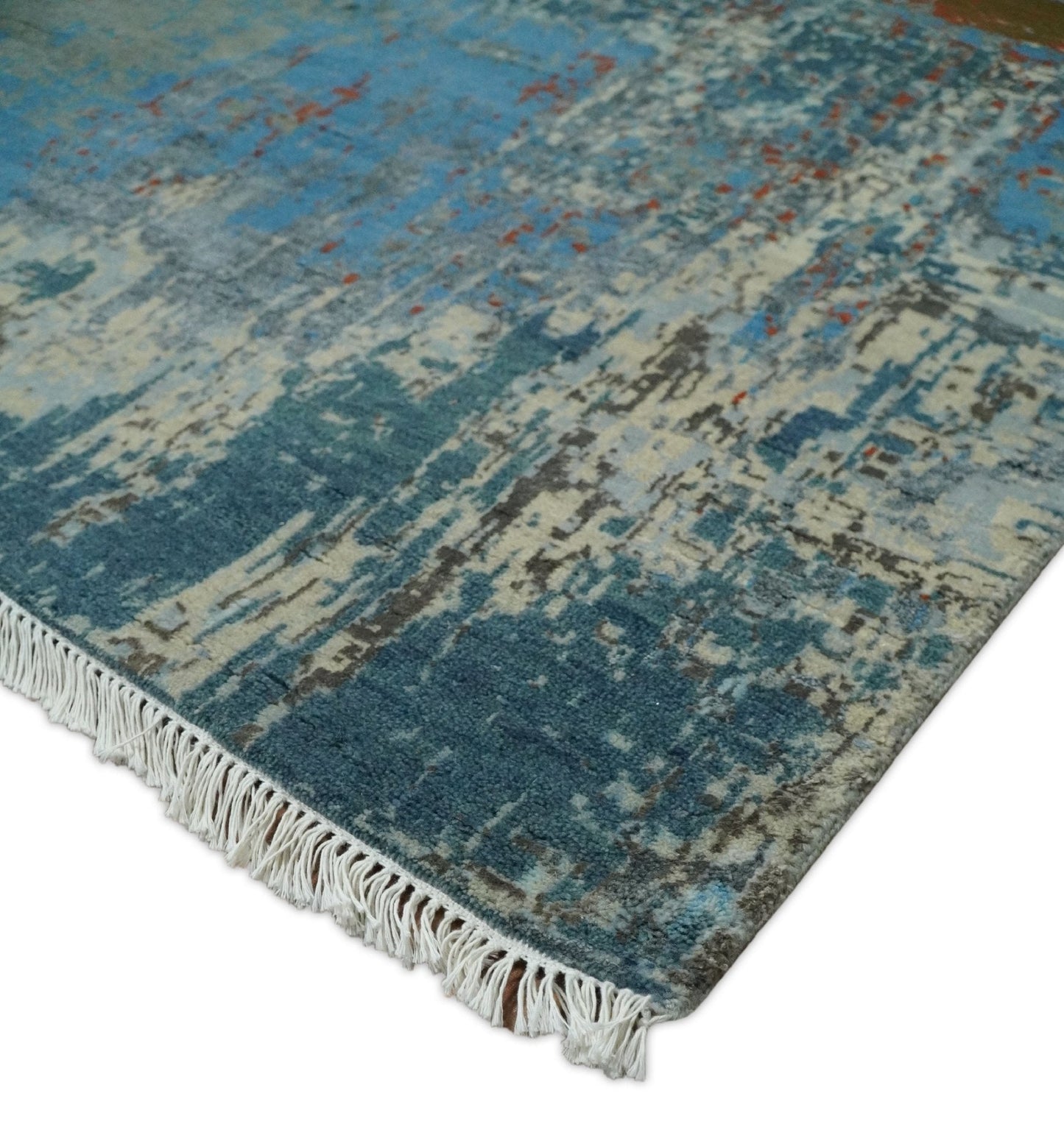 8x10 Fine Hand Knotted Beige and Blue Modern Abstract Style Antique Wool and Silk Area Rug | AGR43