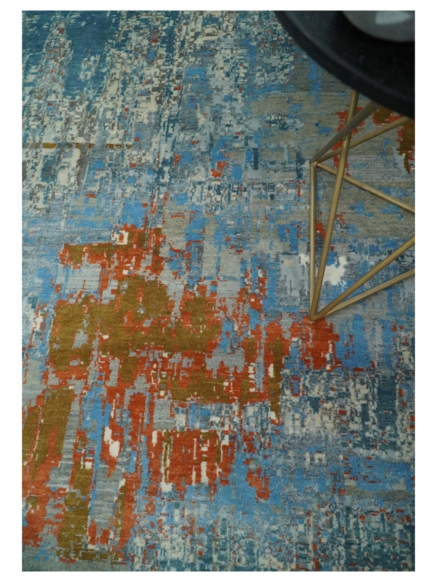 8x10 Fine Hand Knotted Beige and Blue Modern Abstract Style Antique Wool and Silk Area Rug | AGR43