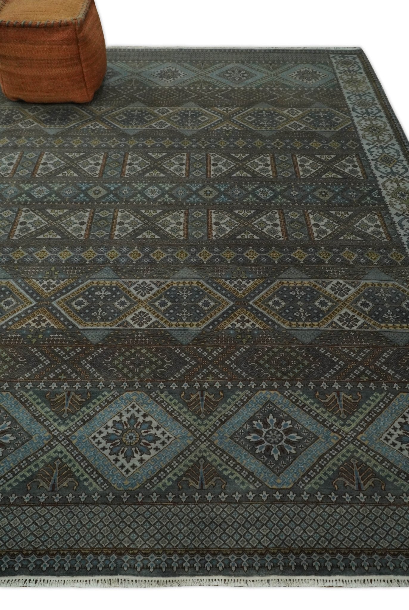 8x10 Fine Hand Knotted Brown and Blue Southwestern Traditional Antique Area Rug | AGR41