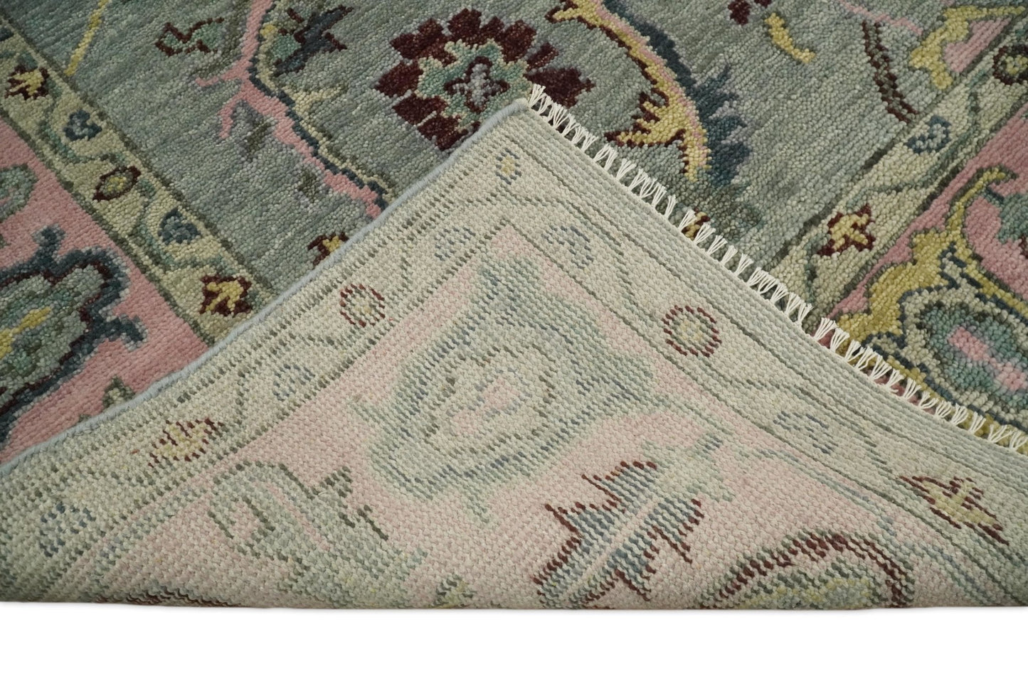 Antique Hand Knotted Green and Pink Traditional Oushak Multi Size Wool Area Rug