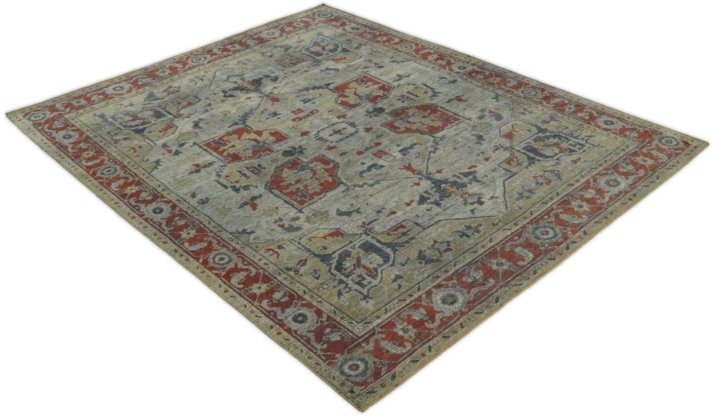 Distressed finished Beige and Brown Traditional Heriz Hand Knotted Wool Area Rug