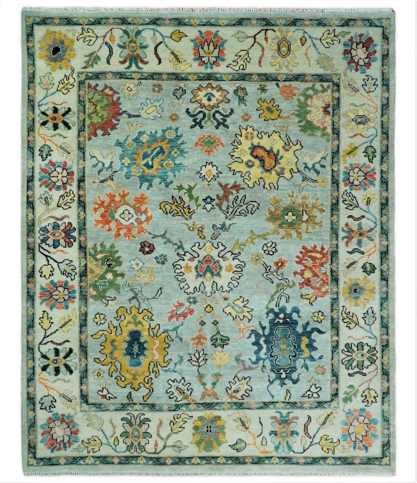 Vibrant Colorful Aqua, Ivory, Gold and Rust Hand Knotted Traditional Oushak Multi Size wool Area Rug