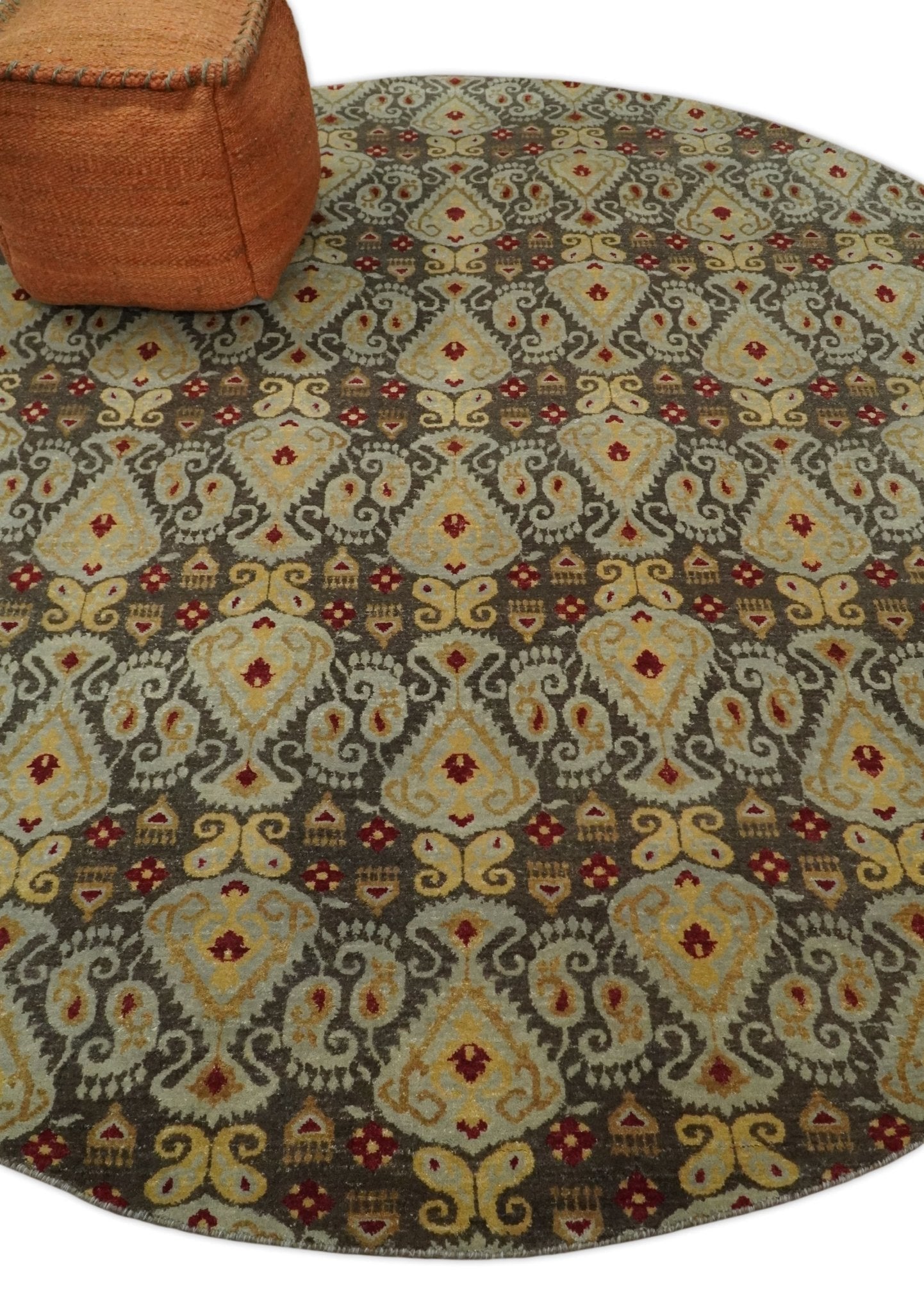 8x8 Round Fine Hand Knotted Brown and Beige Traditional Vintage Persian Style Antique Wool Rug | AGR48