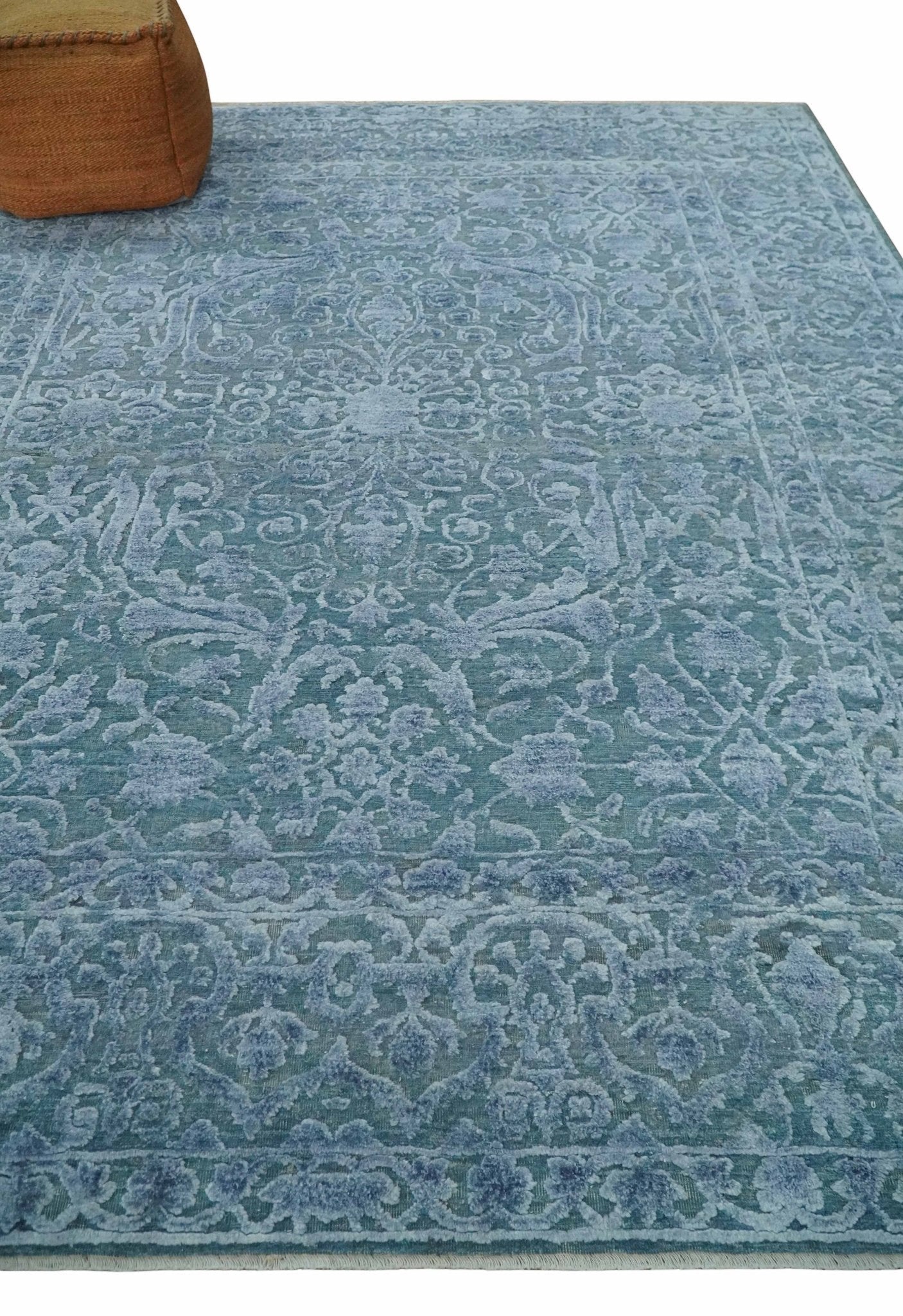 8x9.7 Blue Antique Style, Distressed Finish Hand Carved Traditional Medalian Hand Knotted Wool and Silk Rug