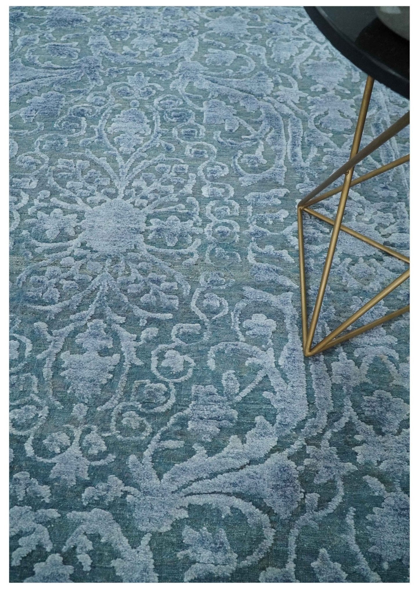 8x9.7 Blue Antique Style, Distressed Finish Hand Carved Traditional Medalian Hand Knotted Wool and Silk Rug