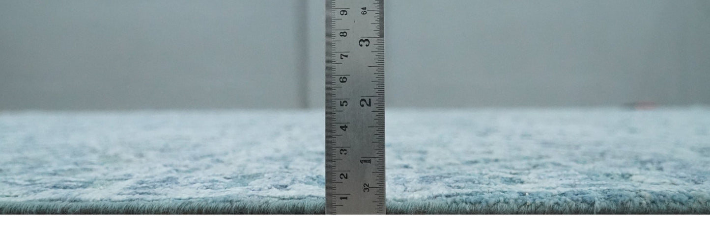 8x9.7 Blue Antique Style, Distressed Finish Hand Carved Traditional Medalian Hand Knotted Wool and Silk Rug