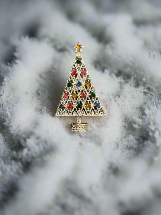 VTG Silvertone Multi Color Stone Christmas Tree Pin Brooch