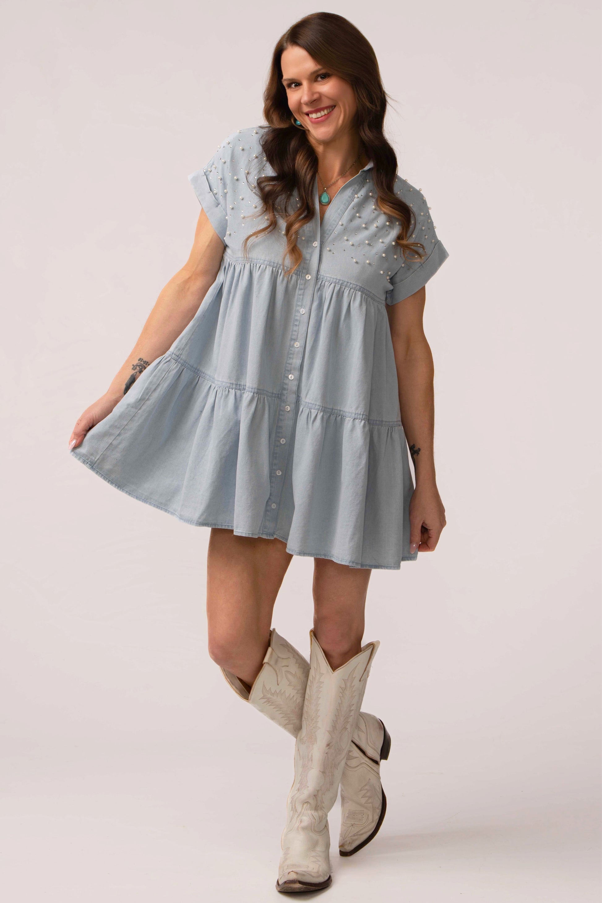 Cute and Charming Pearl & Rhinestone Loose Fit Denim Dress – The Canonsburg  Collective