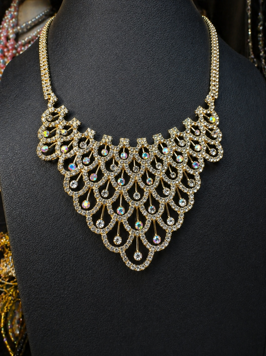 Vintage Rhinestone Statement Necklace with Aurora Borealis Bib