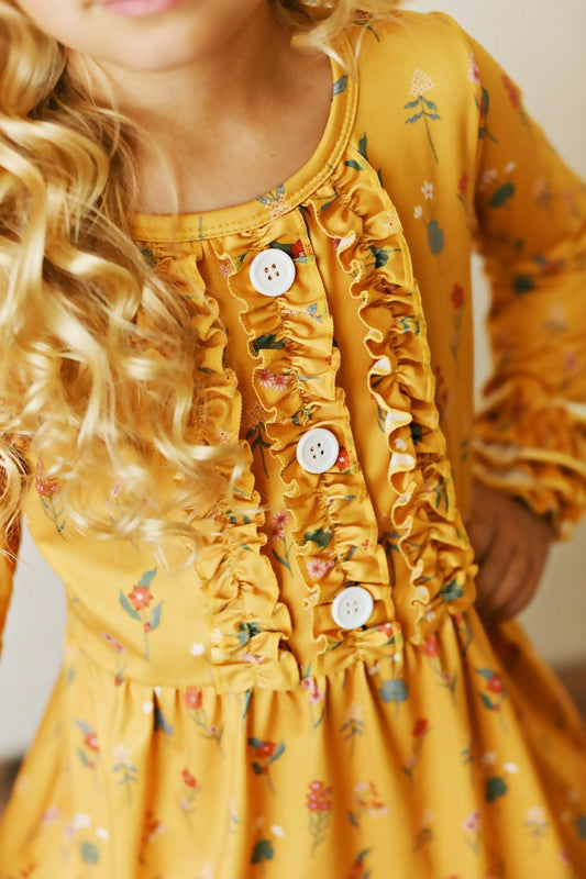 Girls Mustard Botanical Ruffle Button Dress