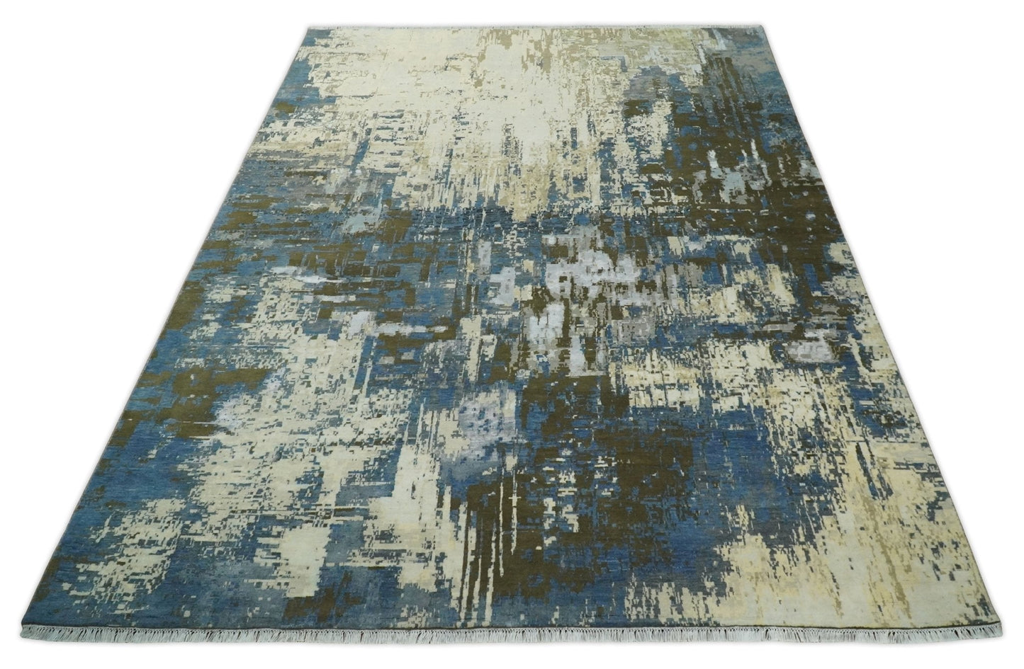 9x12 Fine Hand Knotted Beige and Blue Modern Abstract Style Antique Wool and Silk Area Rug | AGR31