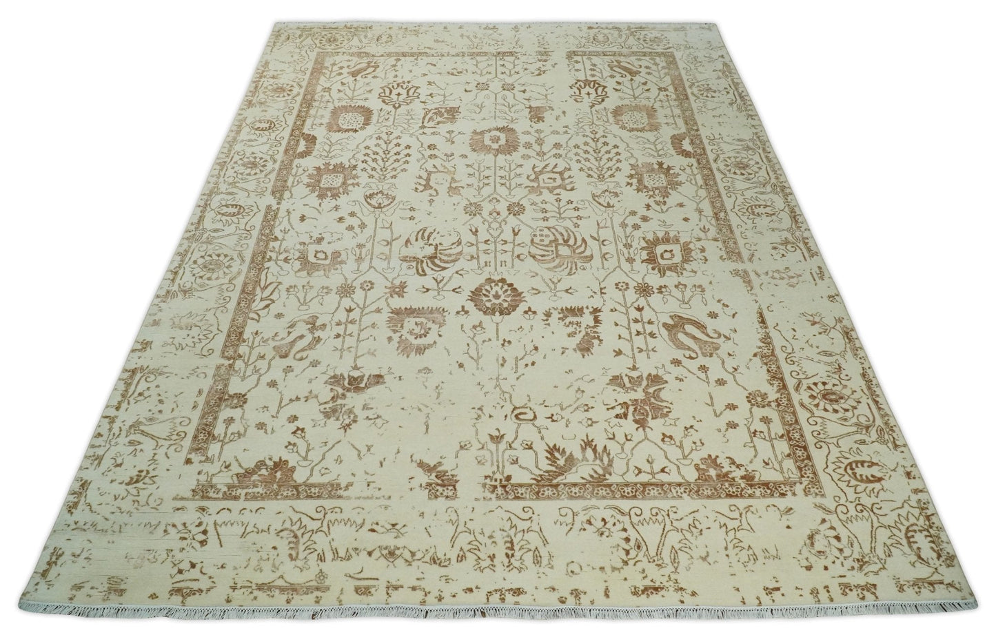9x12 Fine Hand Knotted Beige and Brown Traditional Vintage Persian Style Antique Wool and Silk Rug | AGR46