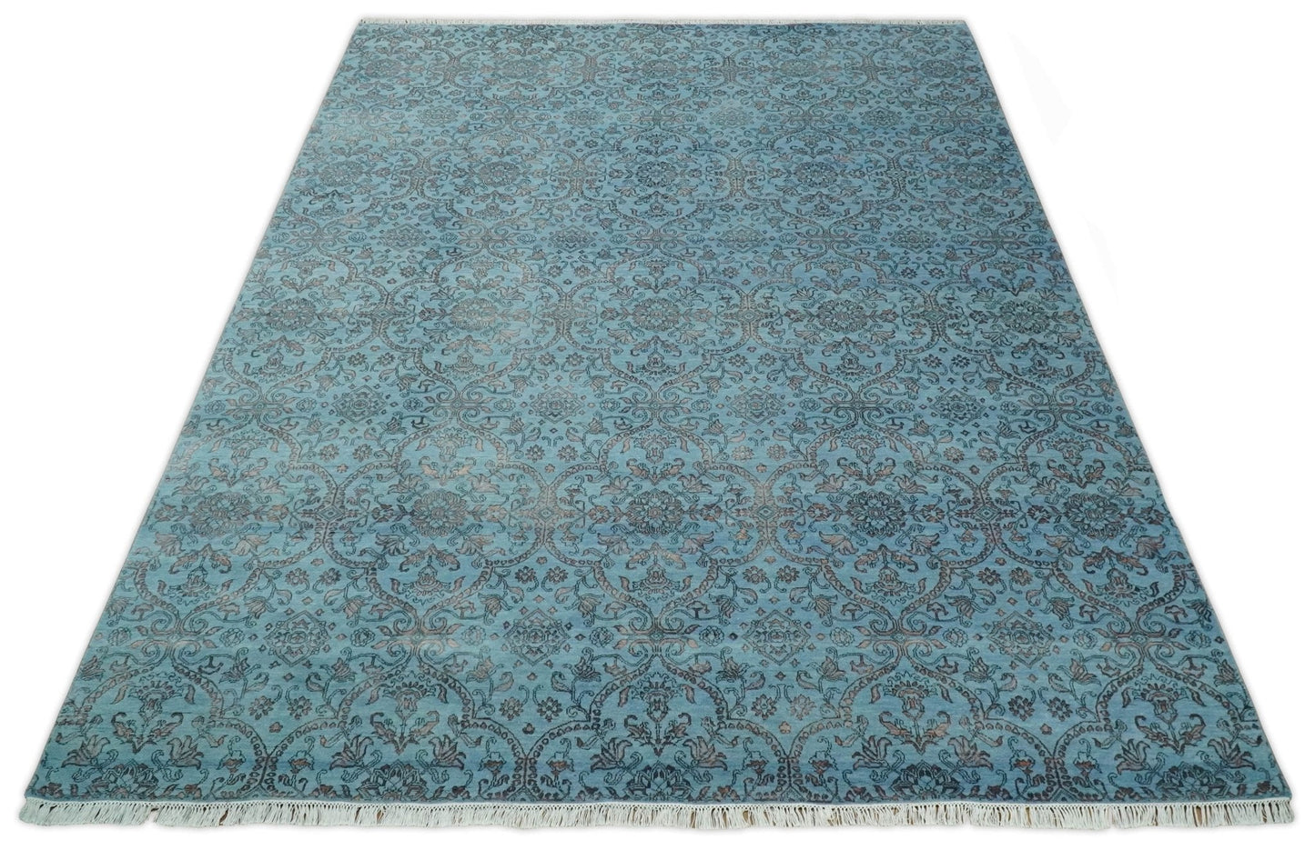 9x12 Fine Hand Knotted Blue and Brown Traditional Vintage Persian Wool and Silk Area Rug | AGR32