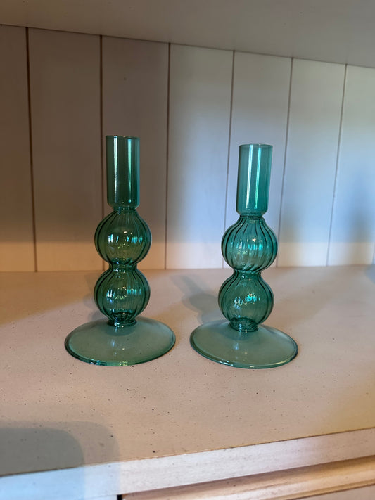Green Glass Candlesticks (PAIR)