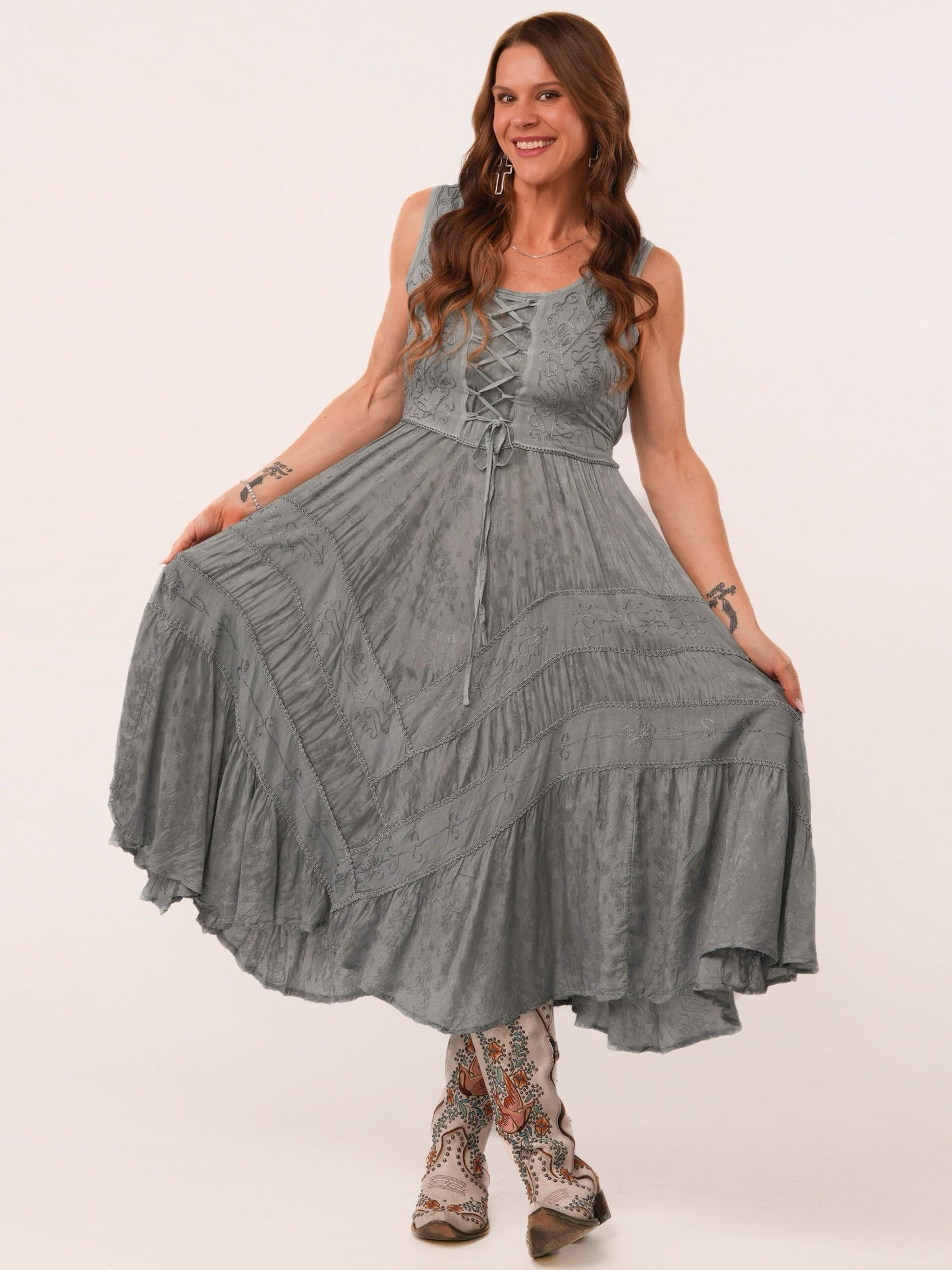 Ash Grey Lace Up Front Tiered Midi Dress