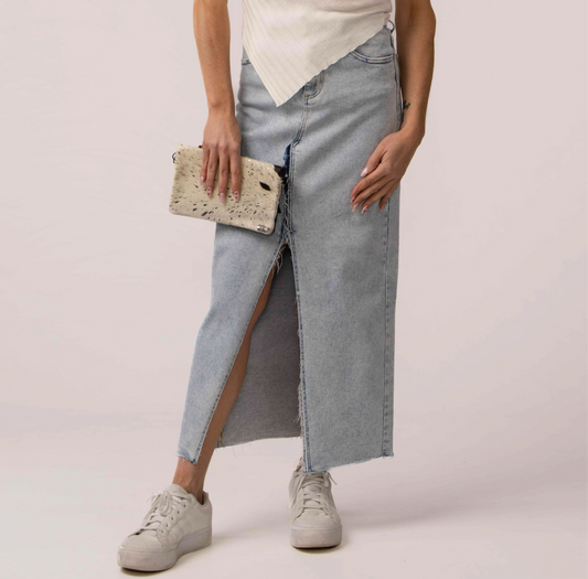 Risen High Rise Crossover Denim Maxi Skirt
