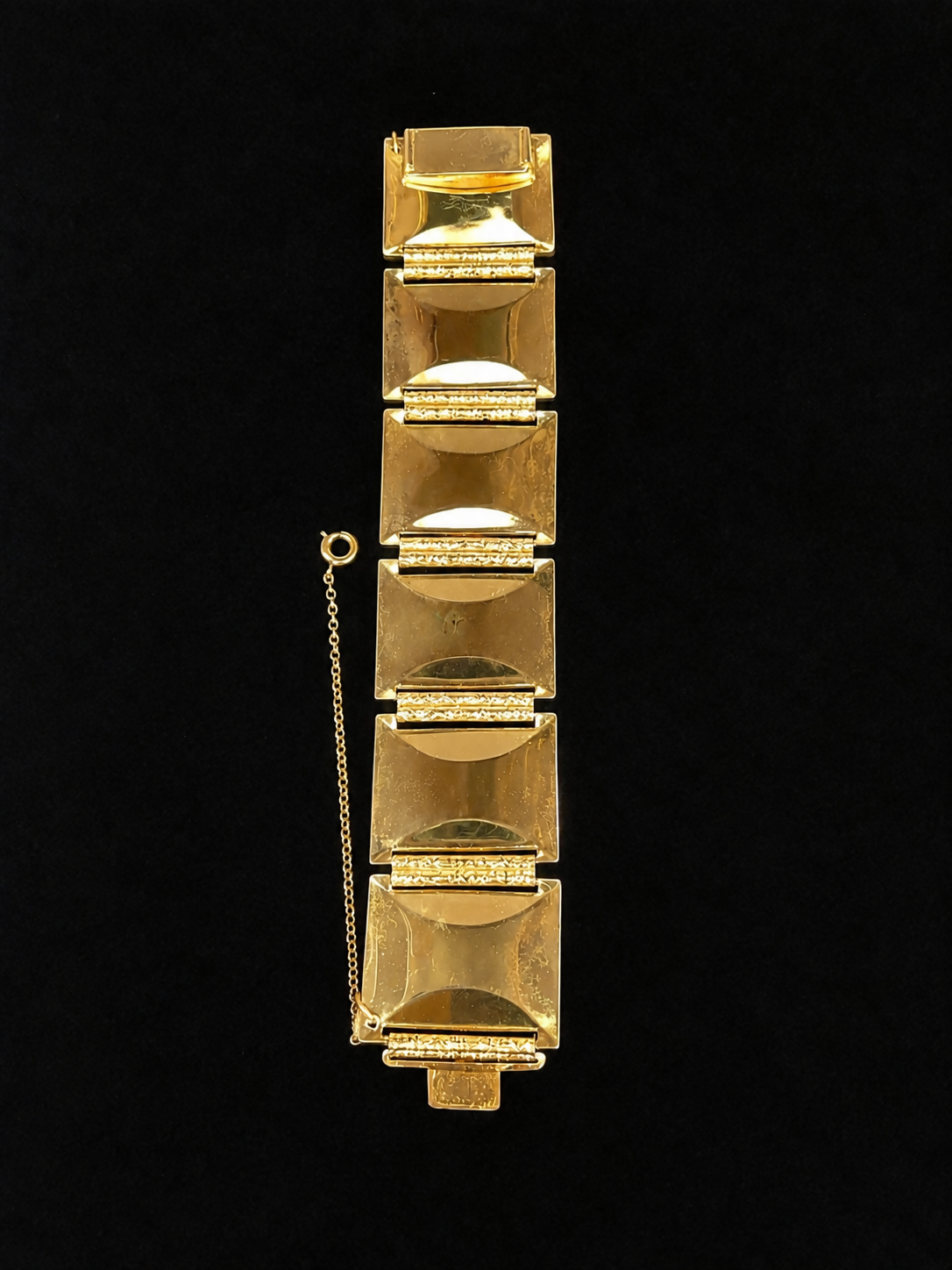Vintage Whiting & Davis Gold Tone Panel Bracelet w/ Iridescent Inlay – Safety Chain 7”