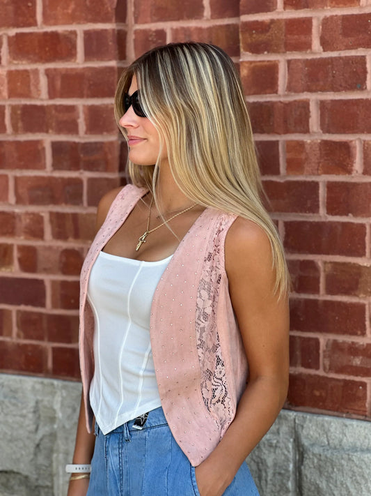 Suede Lace and Rhinestone Cropped Vest