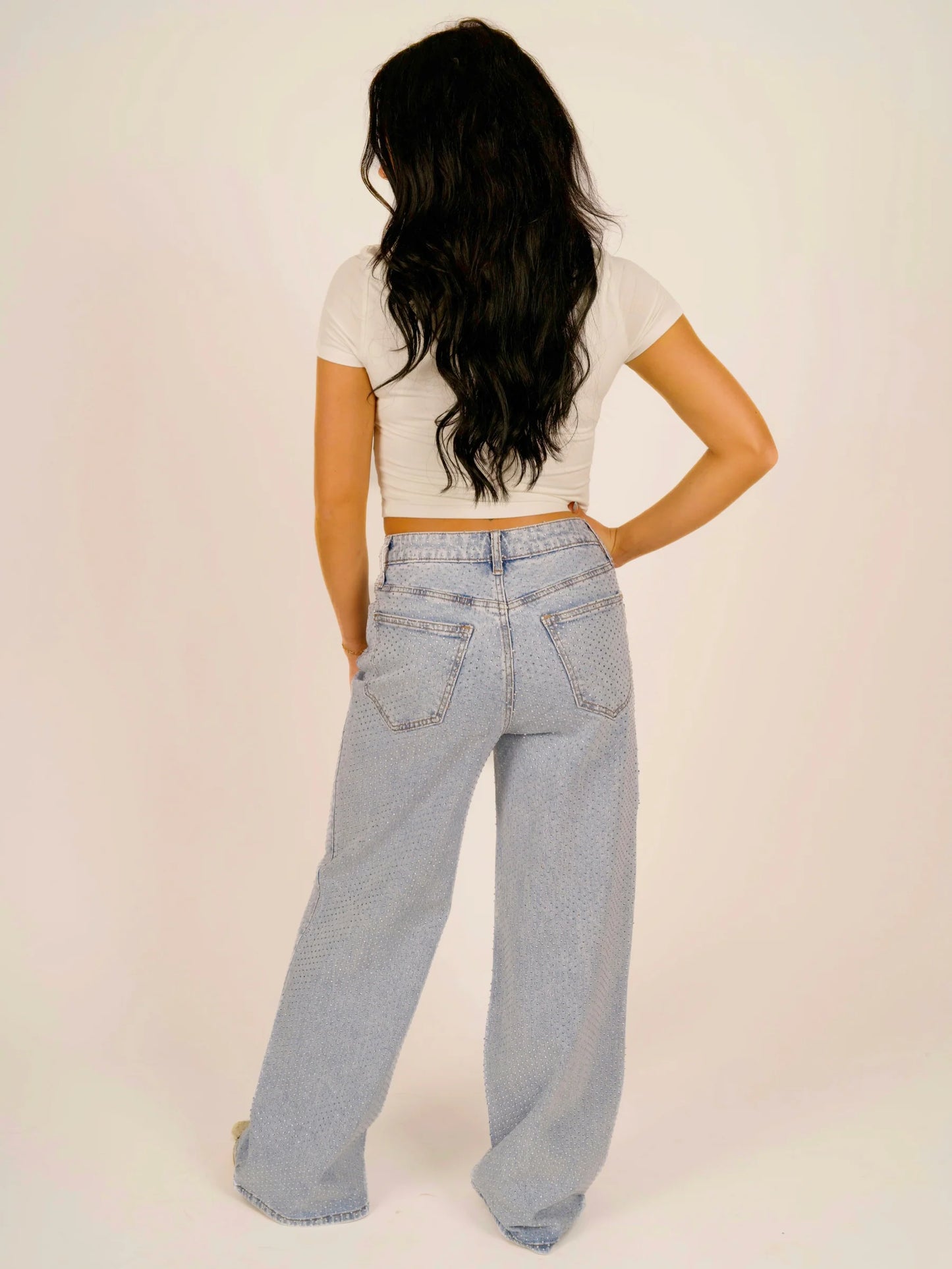 High-Rise Wide-Leg All-Over Rhinestone Jeans