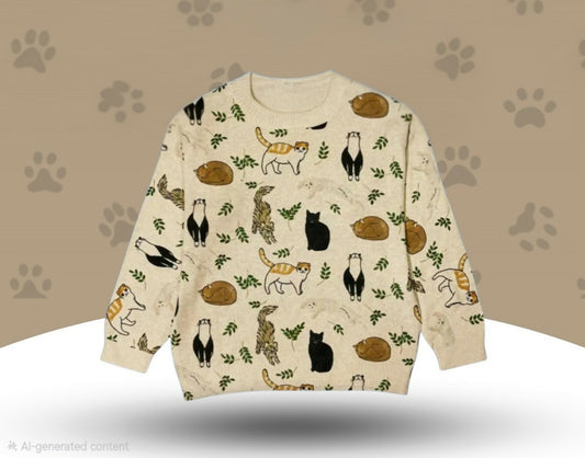 Anytime Crystals Long Sleeve Cat Print Sweater