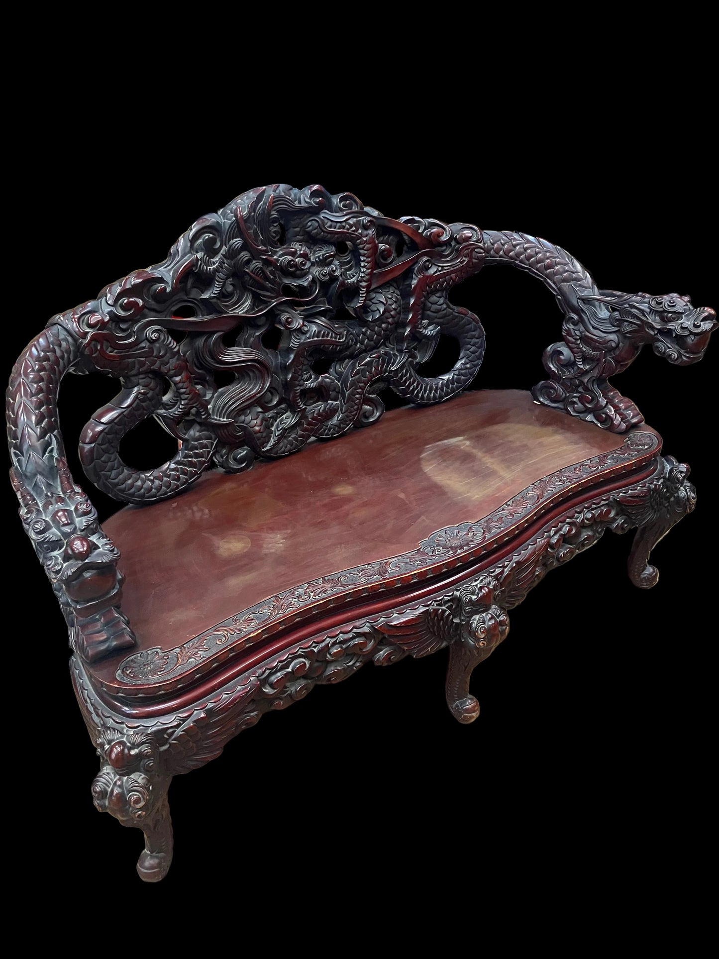 Meiji Era Hand Carved Dragon Settee