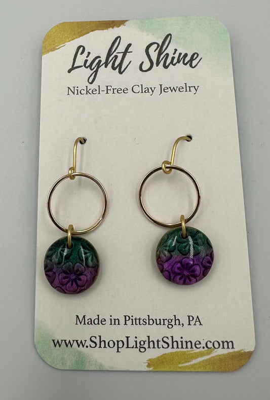 Purple/Green Circle Dangle Earrings