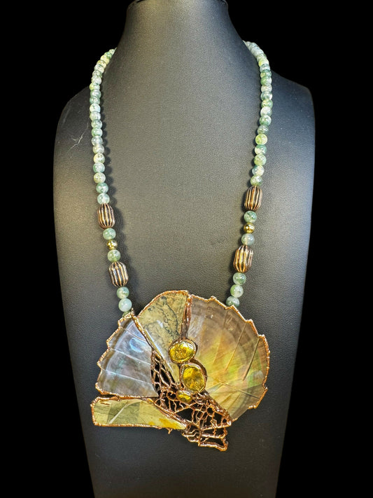 Handcrafted Electroformed Copper Statement Necklace | Moss Agate Beads | Organic Shell Slice Pendant | Artisan One-of-a-Kind 24”