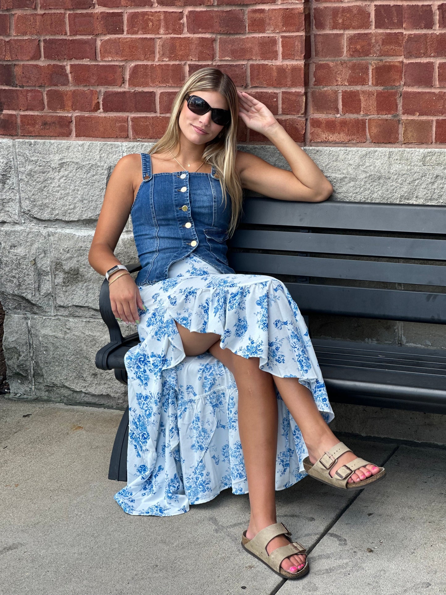 High Waist Ruffle Floral Maxi Skirt with Front Slit