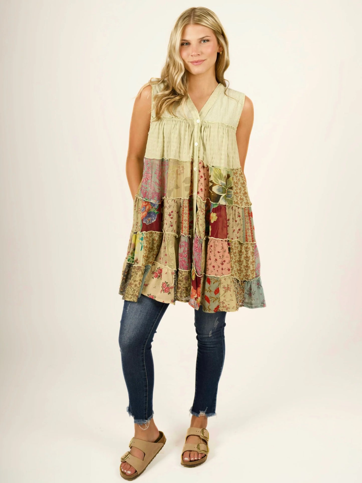 Sleeveless V-Neck Boho Tiered Patchwork Tunic Blouse / Dress