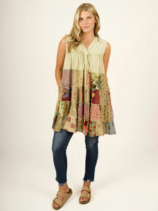 Sleeveless V-Neck Boho Tiered Patchwork Tunic Blouse / Dress