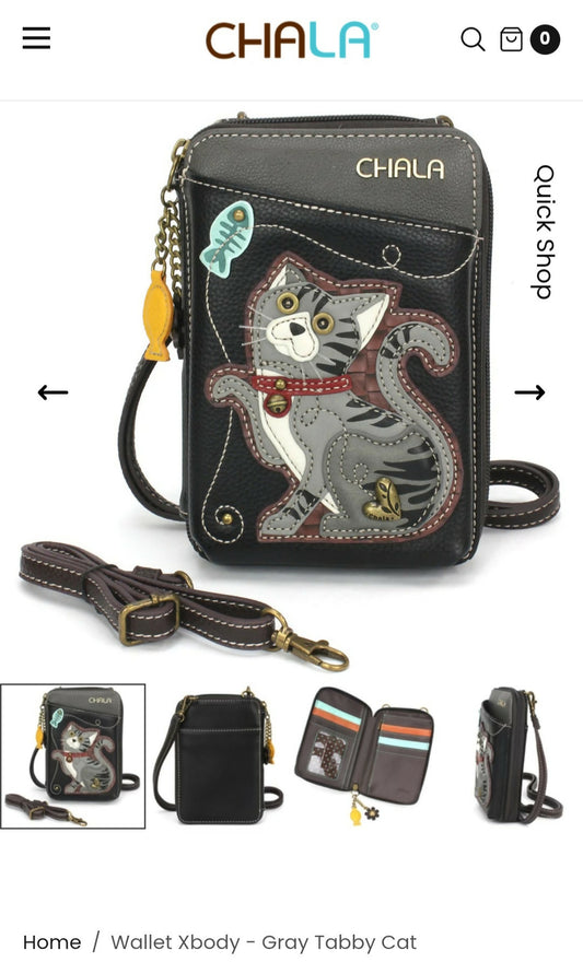 Anytime Crystals Chala Handbags Wallet Xbody - Gray Tabby Cat
