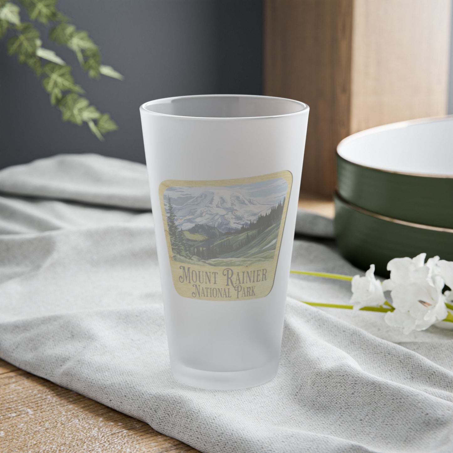 Mount Rainier National Park Frosted Pint Glass Wood Sign Mountain Graphic