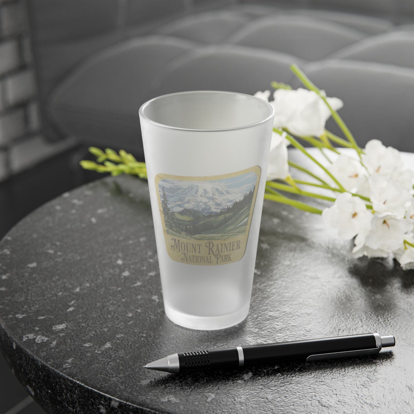 Mount Rainier National Park Frosted Pint Glass Wood Sign Mountain Graphic