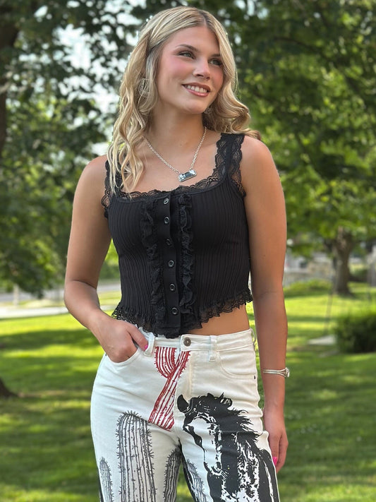 Scalloped Lace Trim Corset Knit Tank Top