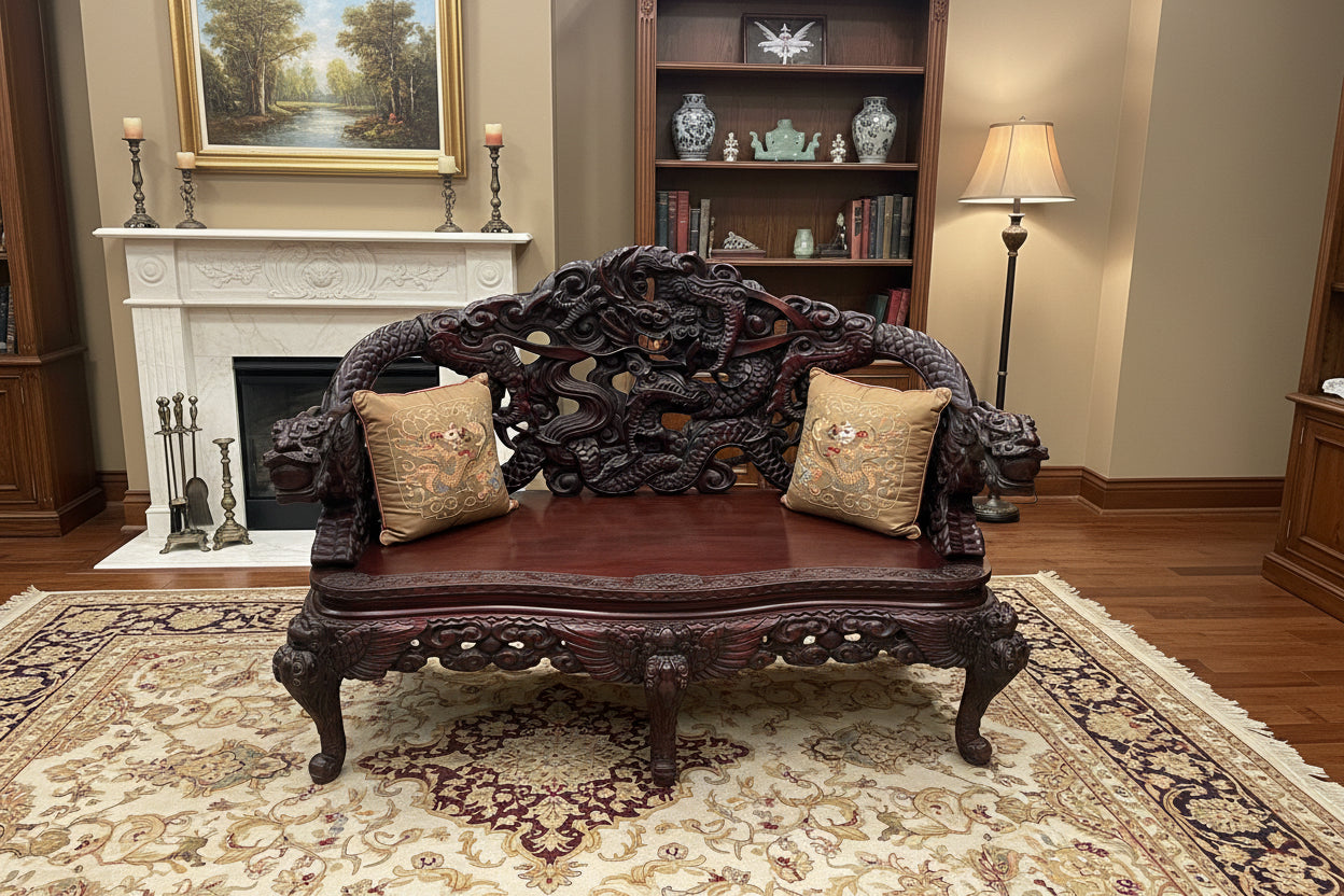 Meiji Era Hand Carved Dragon Settee