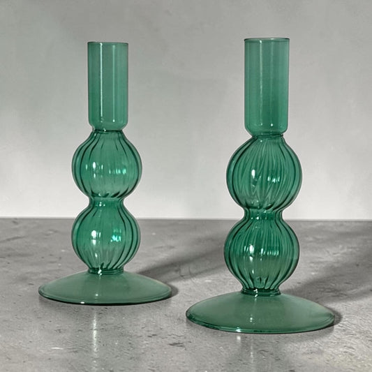 Colorful glass candlestick pair
