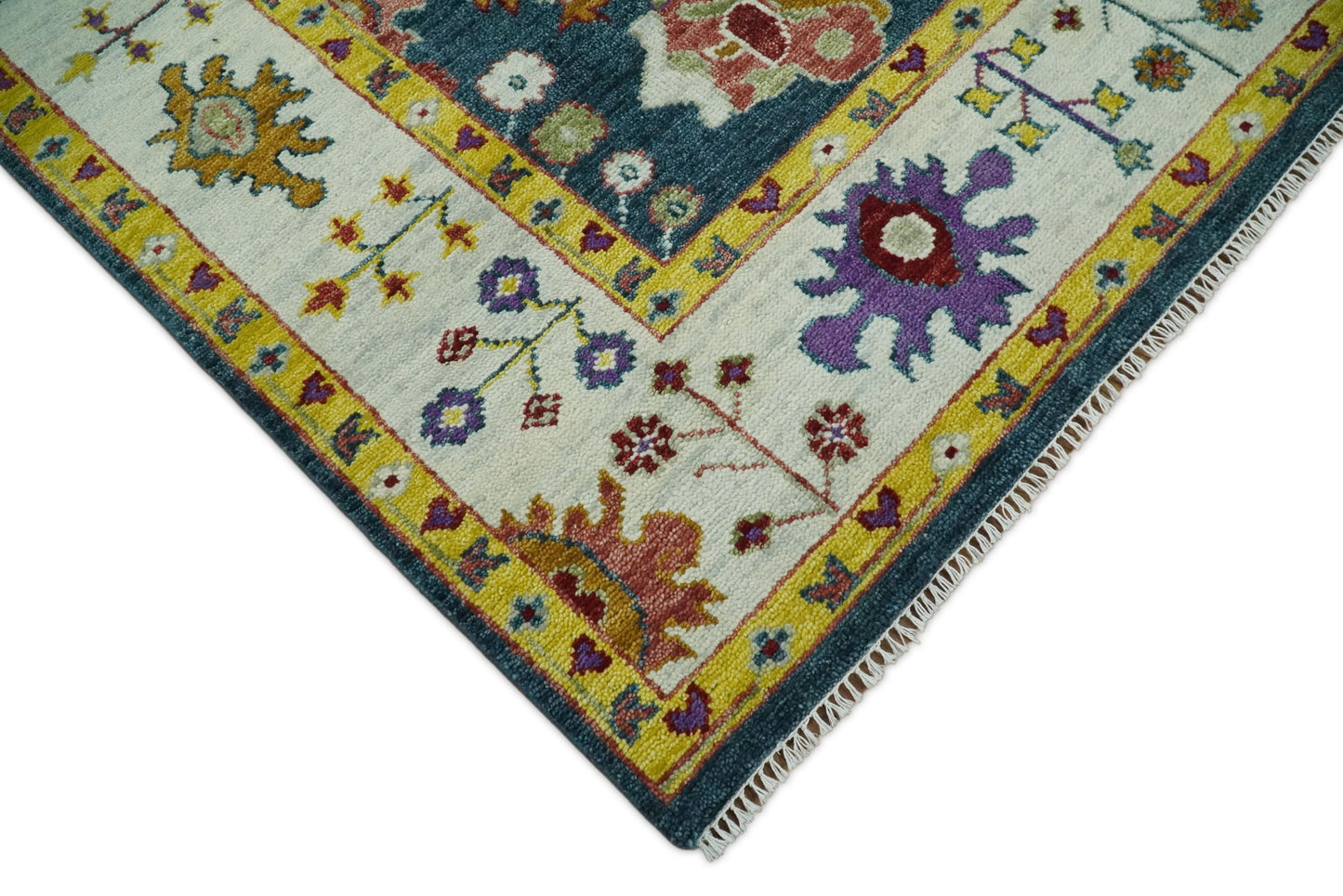 Traditional Floral Teal, Ivory and Mustard Hand Knotted Oriental Oushak wool Area Rug